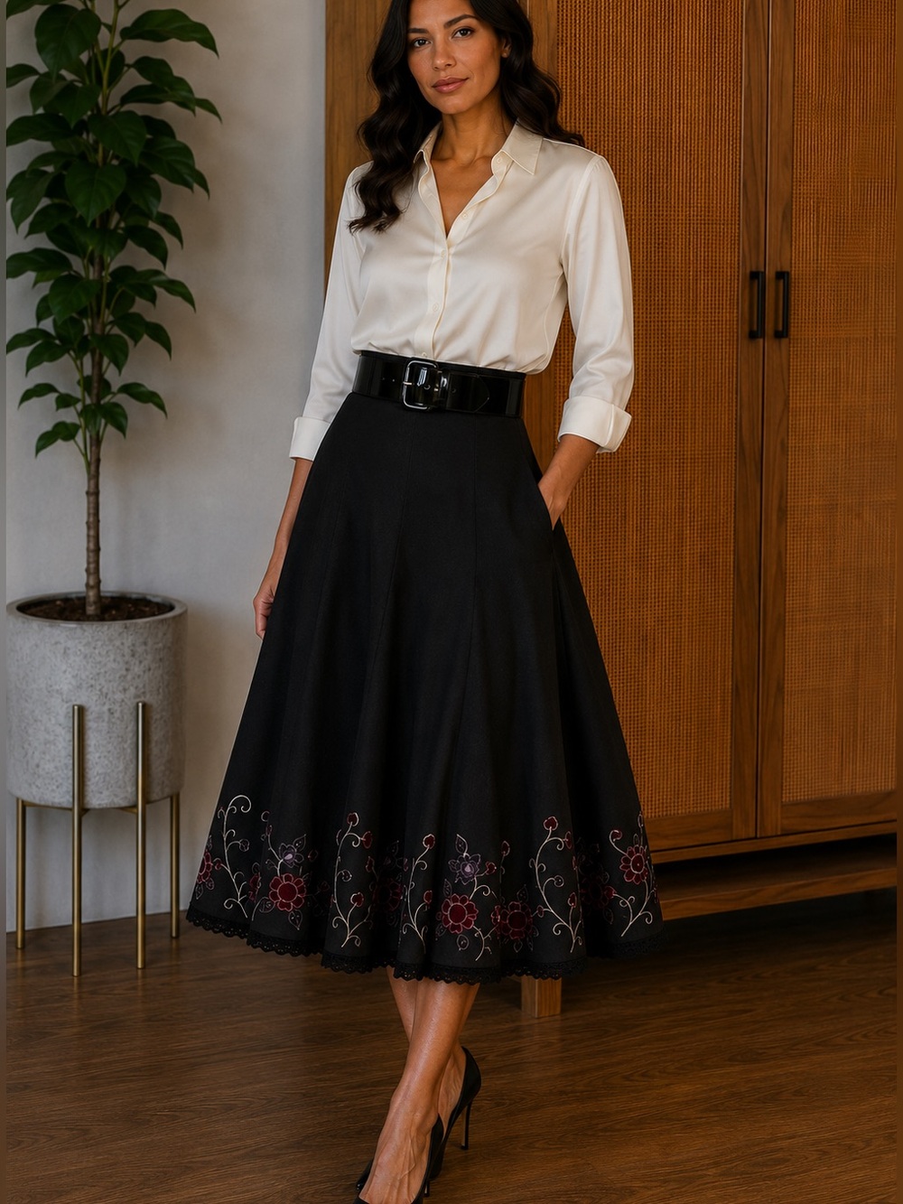 Vintage Karen Millen Embroidered Floral Fit & Flare Midi Skirt